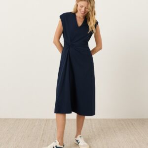 Fit and Flare Midi Dress with V-Neck and Twist Detail