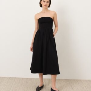 Fit and Flare Strapless Midi Dress with Hidden Pockets