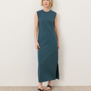 Organic Cotton Maxi Dress with Sleeveless Crew Neck and Side Slit