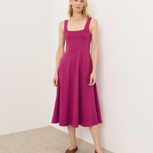 Fit and Flare Midi Dress with Square Neck and Hidden Pockets